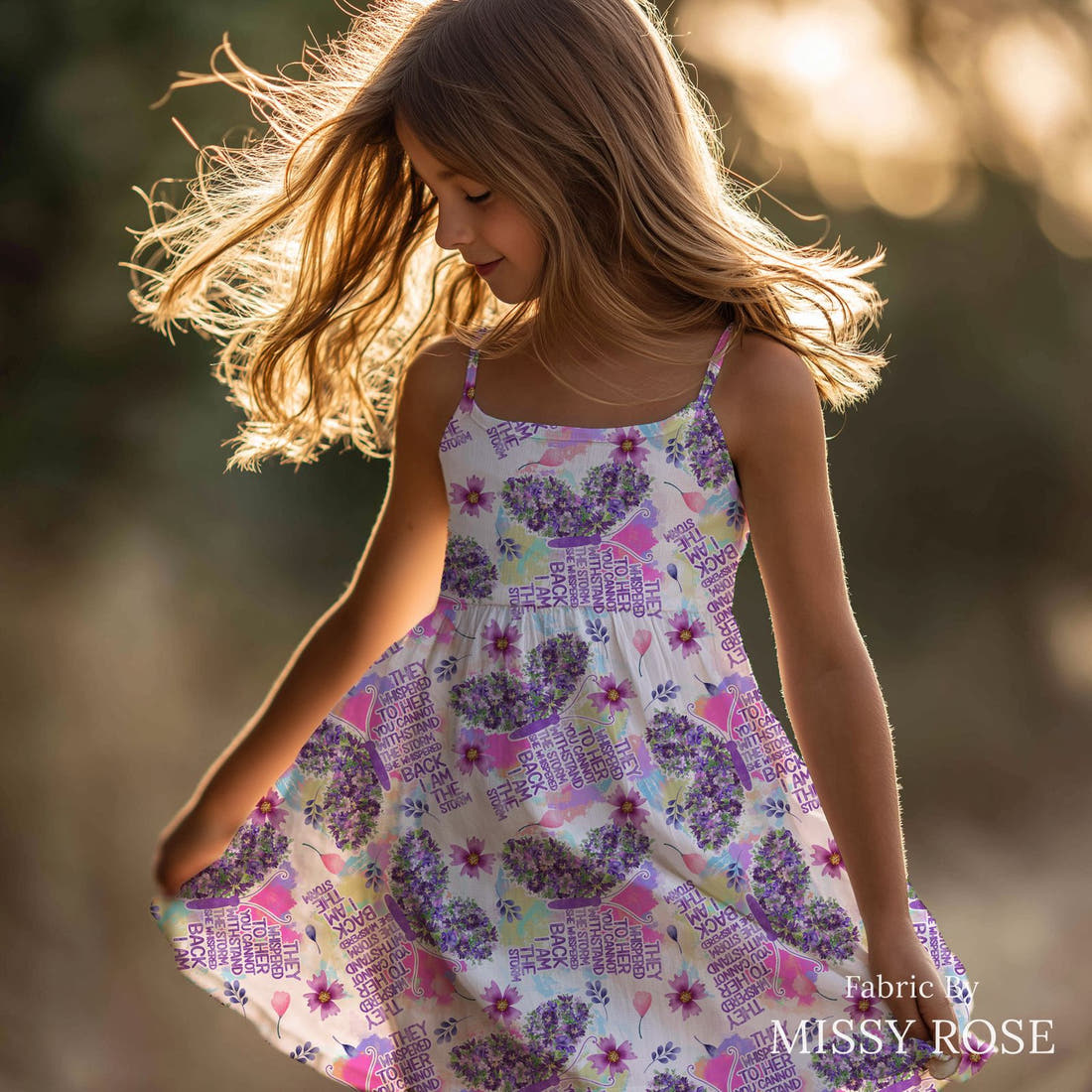 Design 874 Butterfly Fabric sewn into a girls' dress – see how the print looks made up | Fabric by Missy Rose