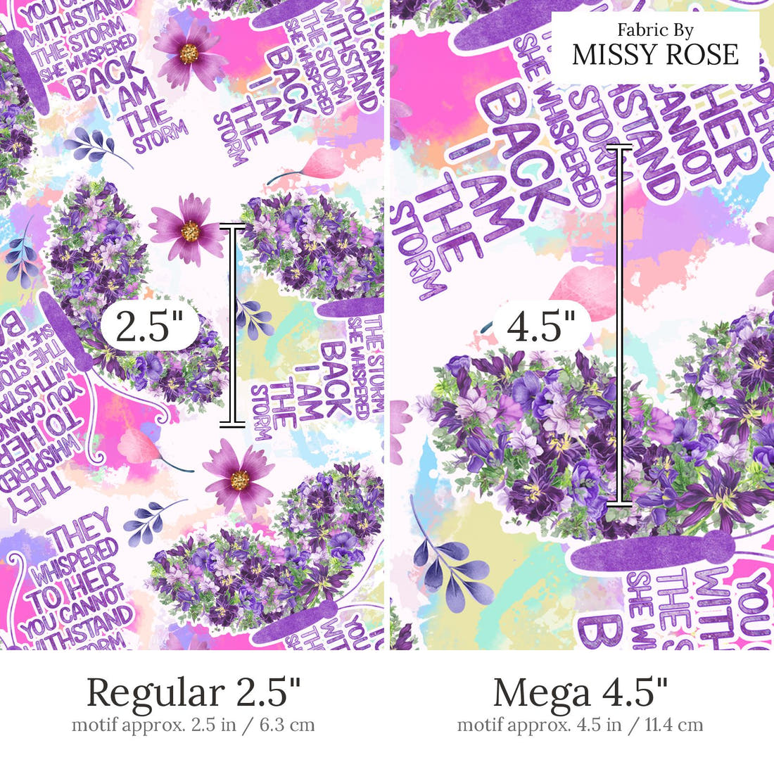 Design 874 Butterfly Fabric Regular 2.5 inch vs Mega 4.5 inch print scale side by side | Fabric by Missy Rose