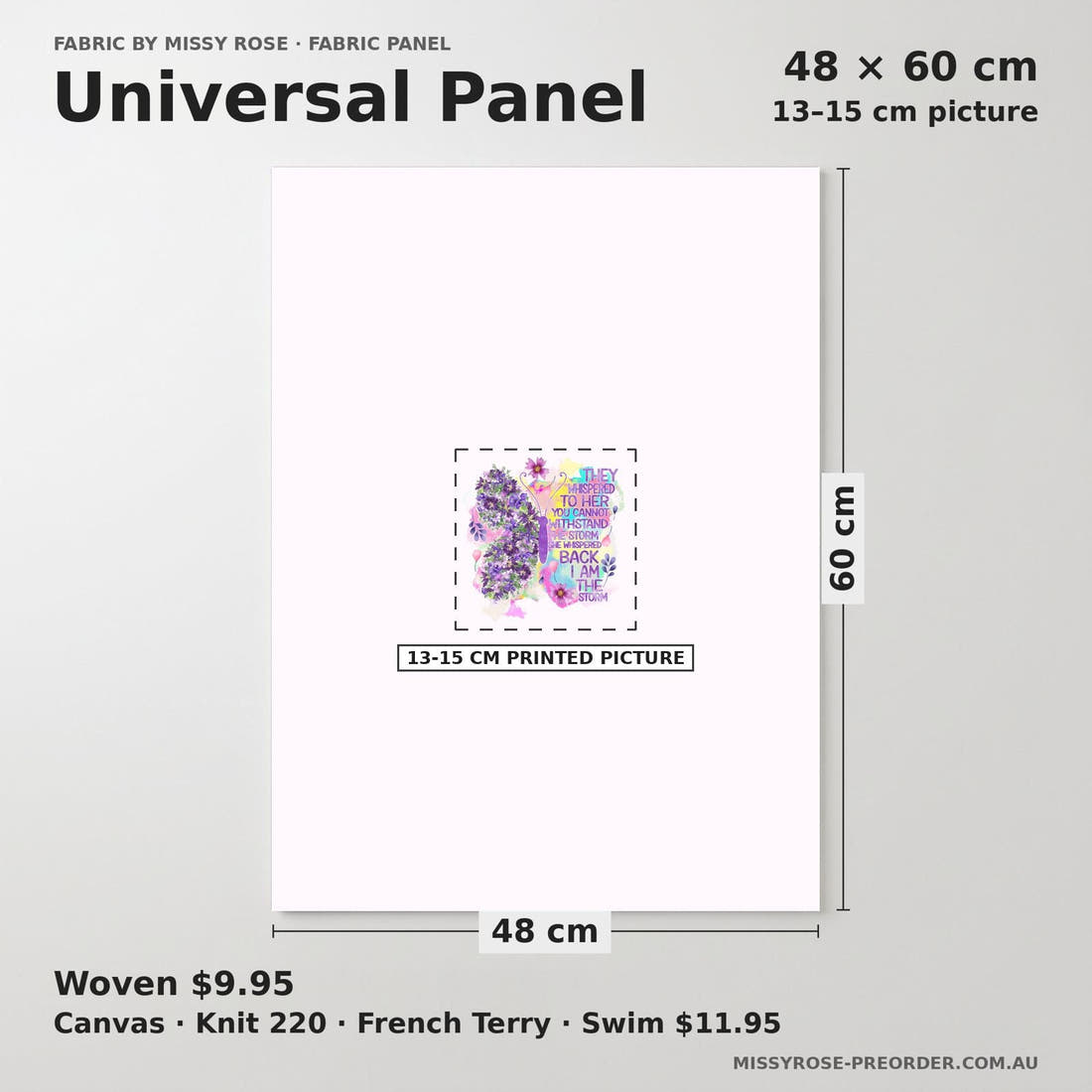 Design 874 Butterfly Panel universal panel sizing – 13–15 cm printed picture on 48 × 60 cm fabric | Fabric by Missy Rose