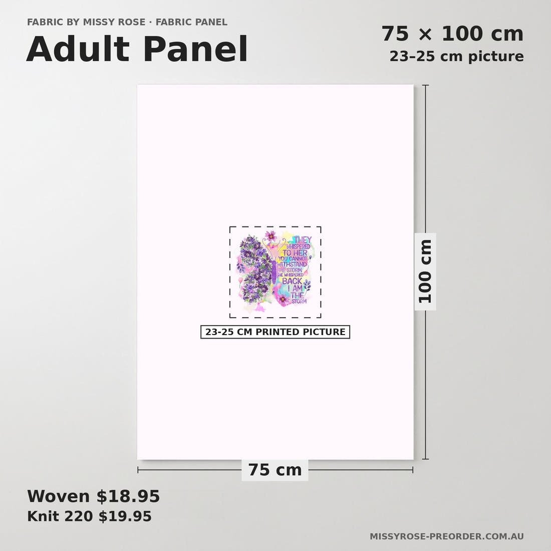 Design 874 Butterfly Panel adult panel sizing – 23–25 cm printed picture on 75 × 100 cm fabric | Fabric by Missy Rose