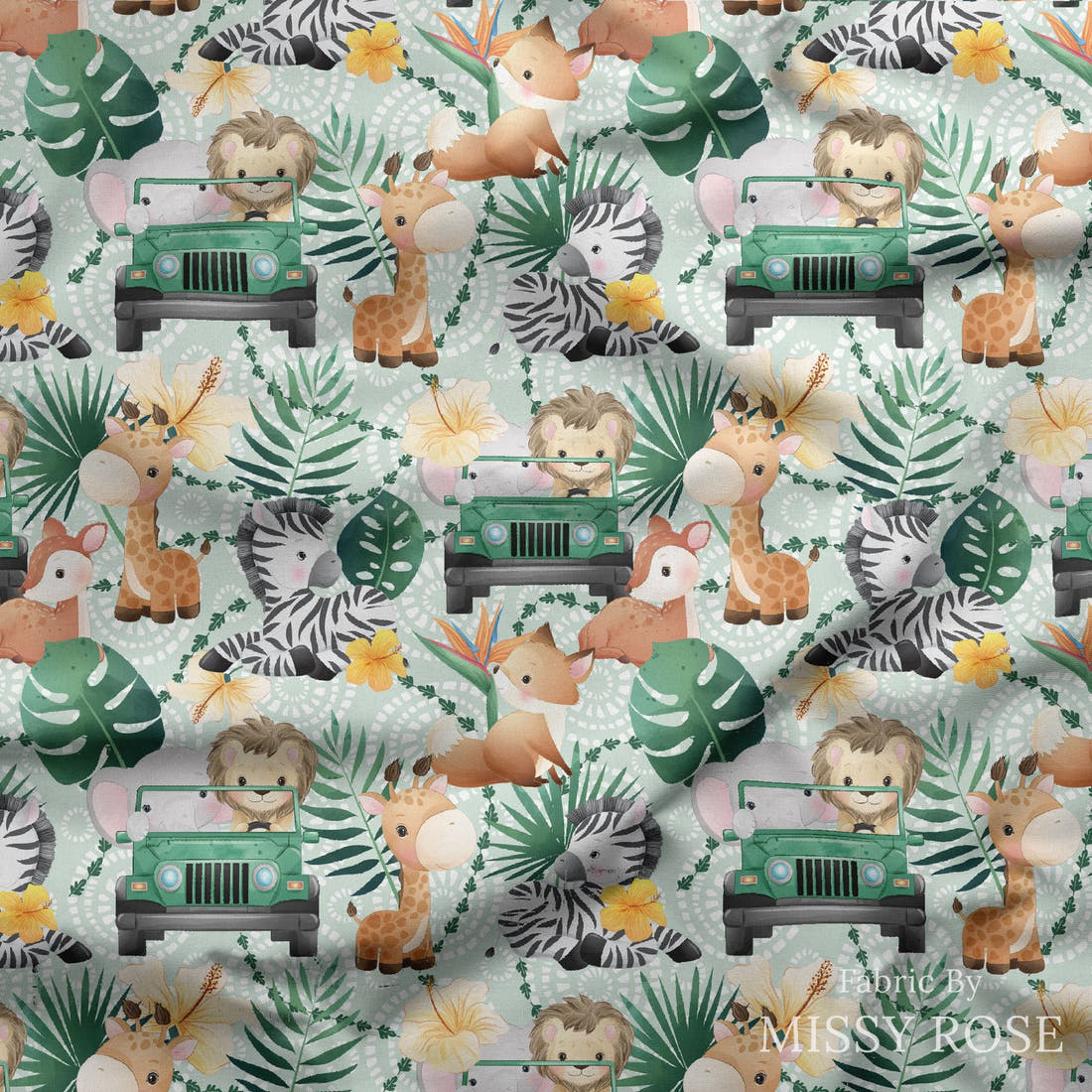 Design 875 Safari Animals Fabric draped fabric mockup – custom printed fabric by the metre | Fabric by Missy Rose