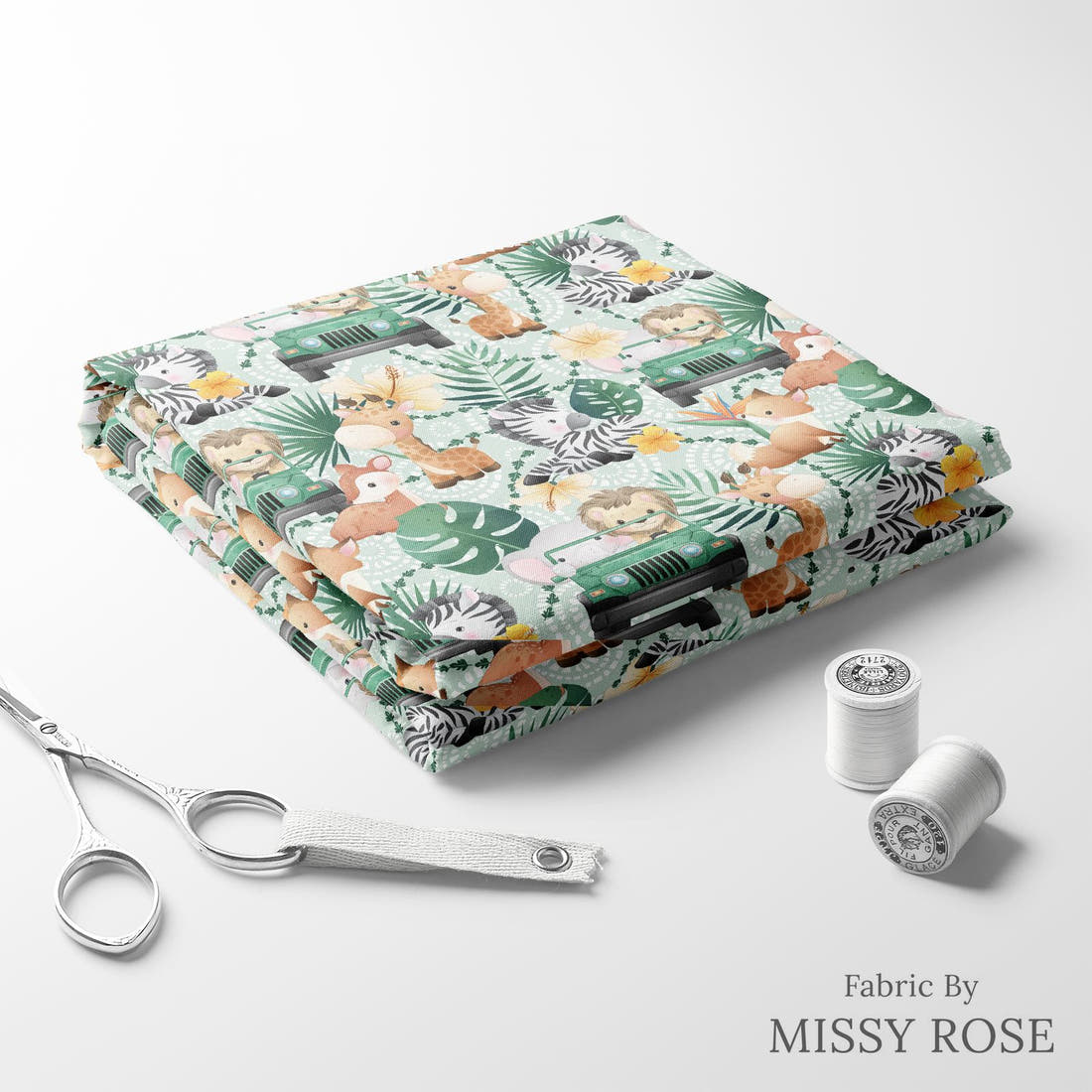 Design 875 Safari Animals Fabric folded fabric stack with matching thread – pre-order fabric Australia | Fabric by Missy Rose