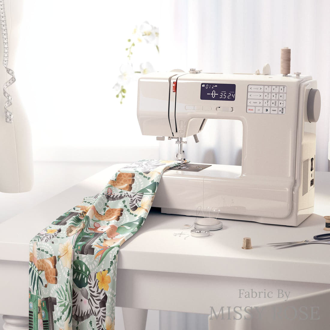 Design 875 Safari Animals Fabric on a sewing machine – premium fabric for sewing projects | Fabric by Missy Rose