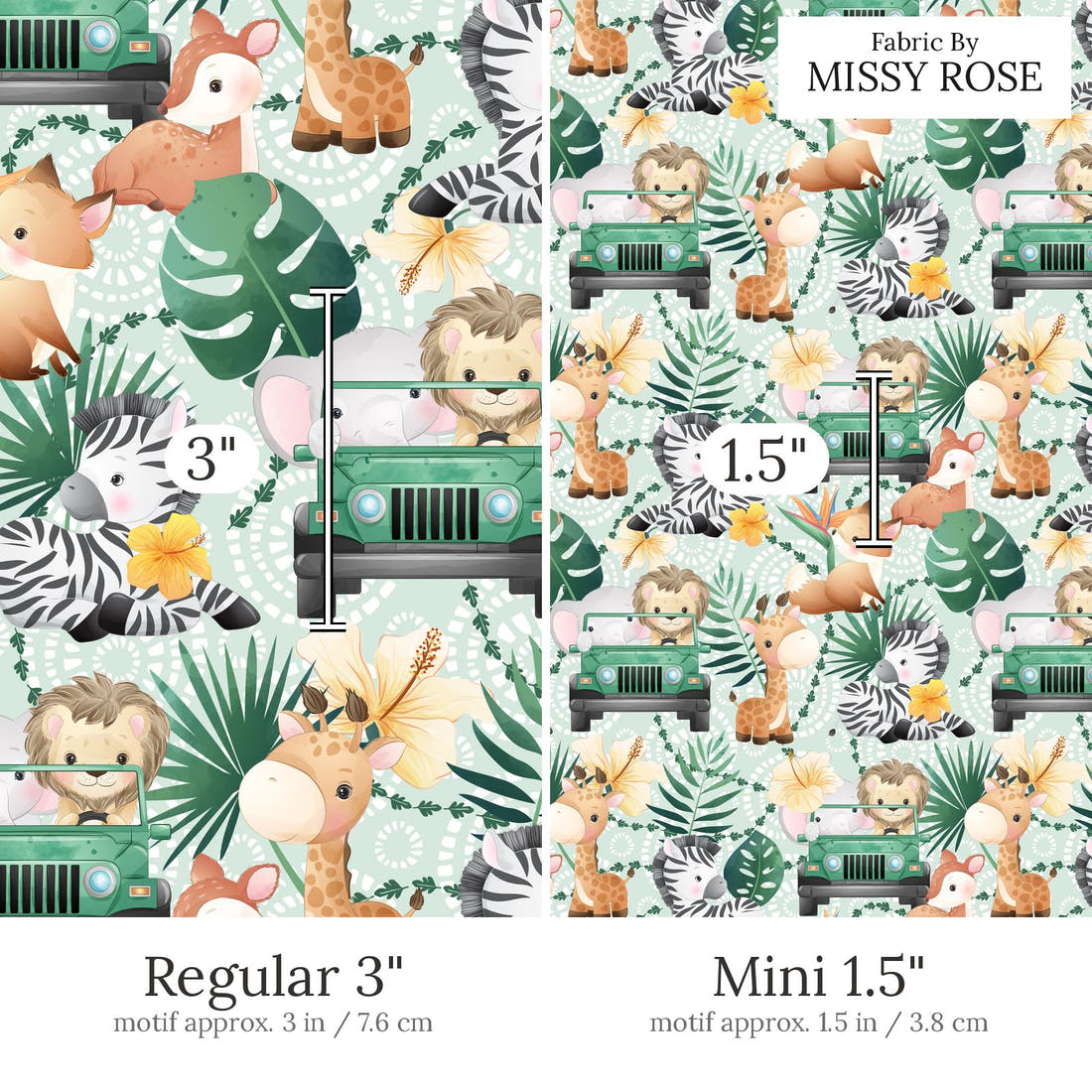 Design 875 Safari Animals Fabric Regular 3 inch vs Mini 1.5 inch print scale side by side | Fabric by Missy Rose