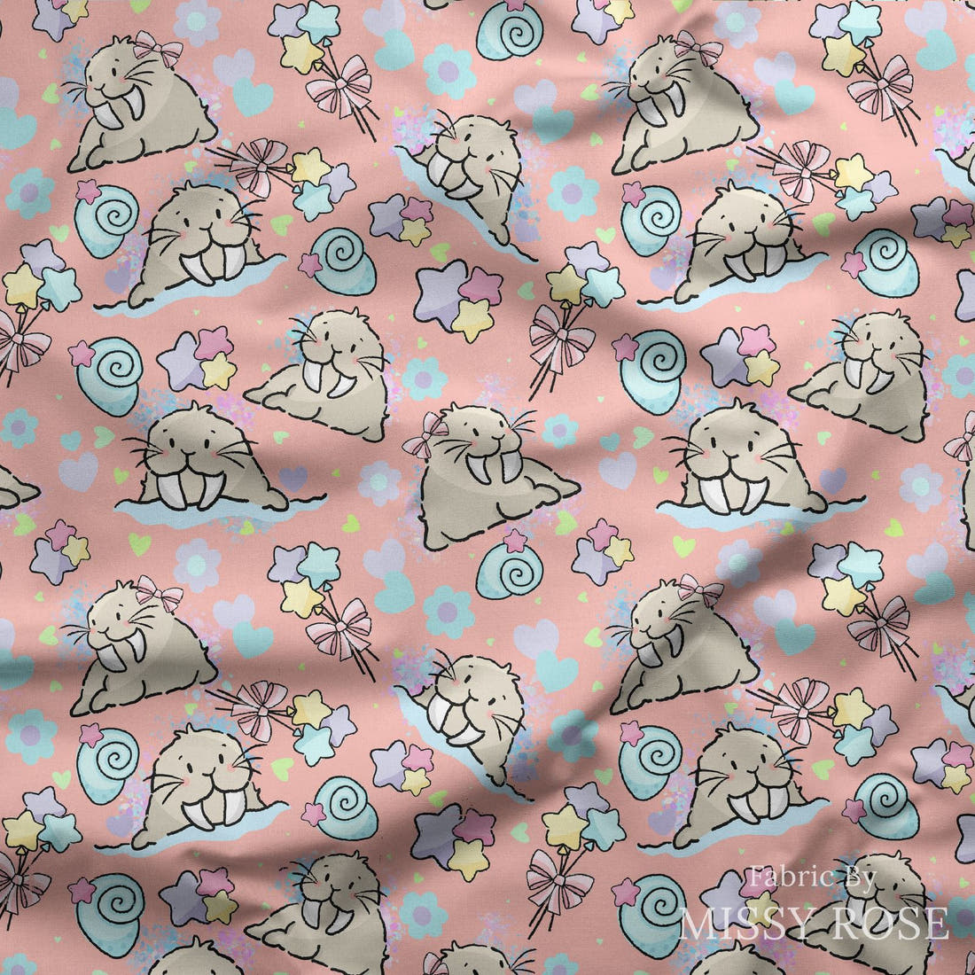 Design 876 Sea Lion Fabric draped fabric mockup – custom printed fabric by the metre | Fabric by Missy Rose