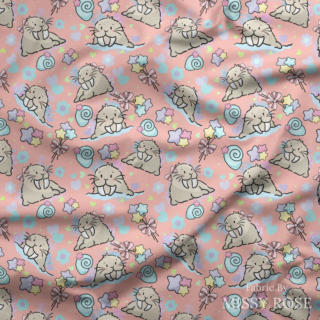 Design 876 Sea Lion Fabric draped fabric mockup – custom printed fabric by the metre | Fabric by Missy Rose