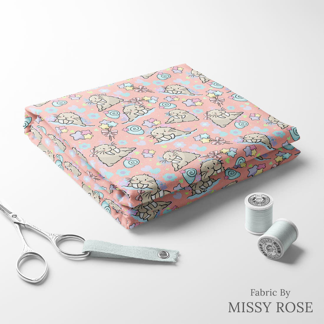 Design 876 Sea Lion Fabric folded fabric stack with matching thread – pre-order fabric Australia | Fabric by Missy Rose