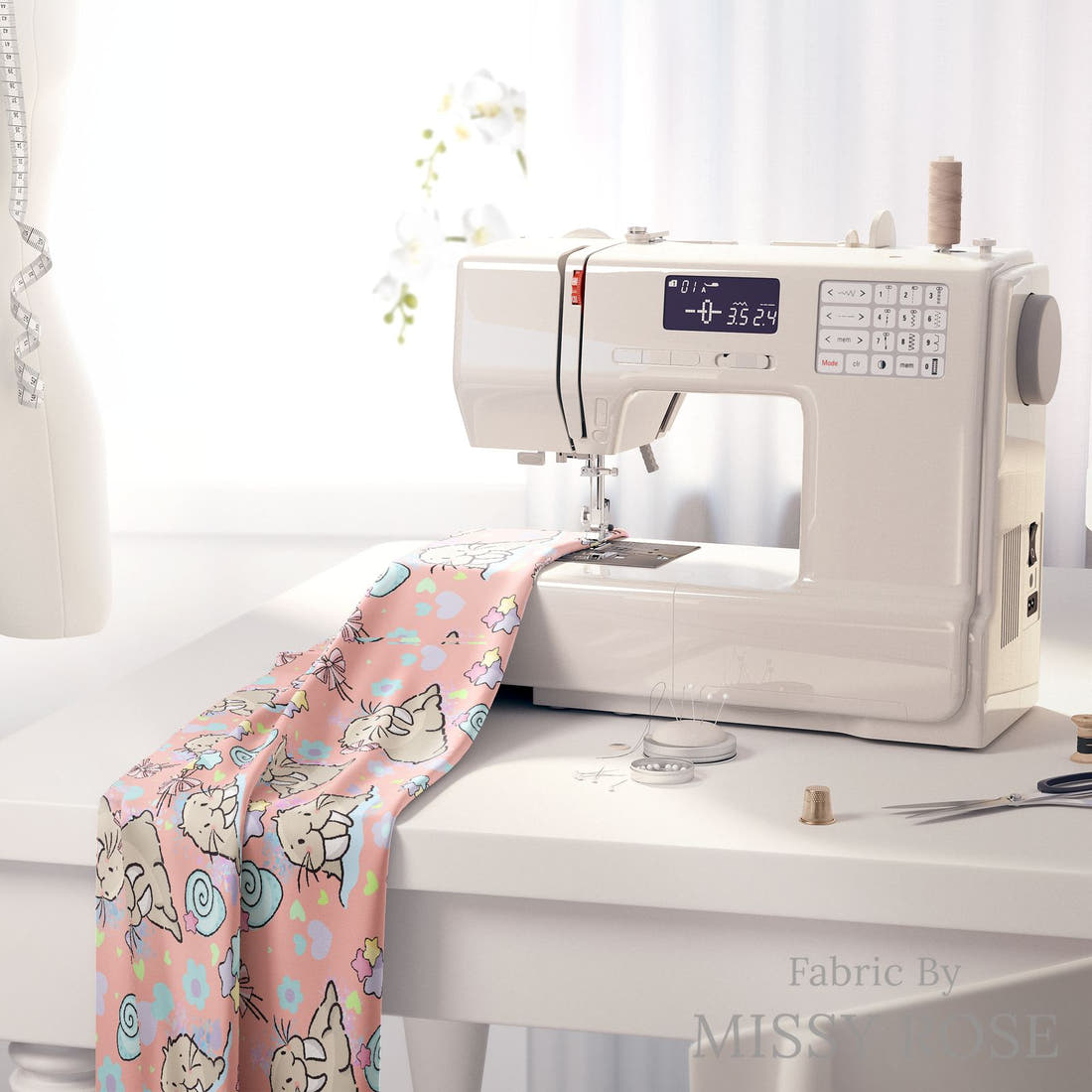 Design 876 Sea Lion Fabric on a sewing machine – premium fabric for sewing projects | Fabric by Missy Rose