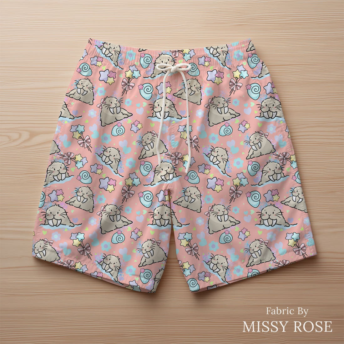 Design 876 Sea Lion Fabric sewn into swim shorts – see how the print looks made up | Fabric by Missy Rose