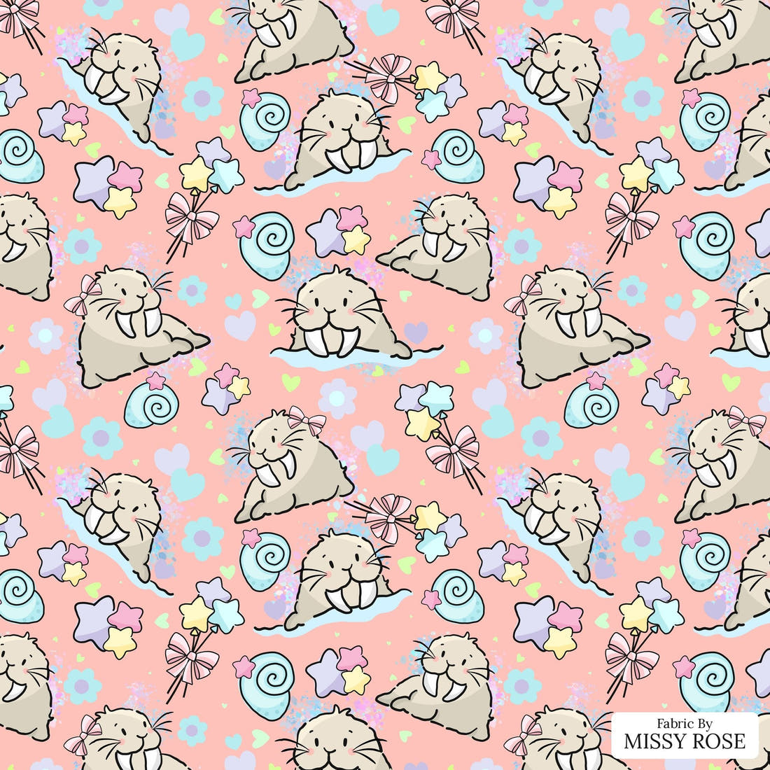 Design 876 Sea Lion Fabric - flat view of the print, zoom in for detail | Fabric by Missy Rose