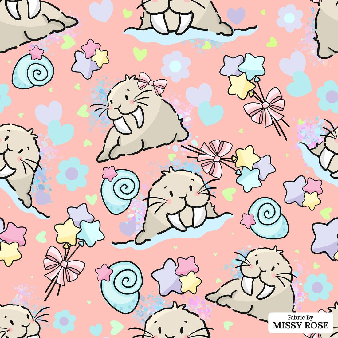 Design 876 Sea Lion Fabric - flat view of the print, zoom in for detail | Fabric by Missy Rose