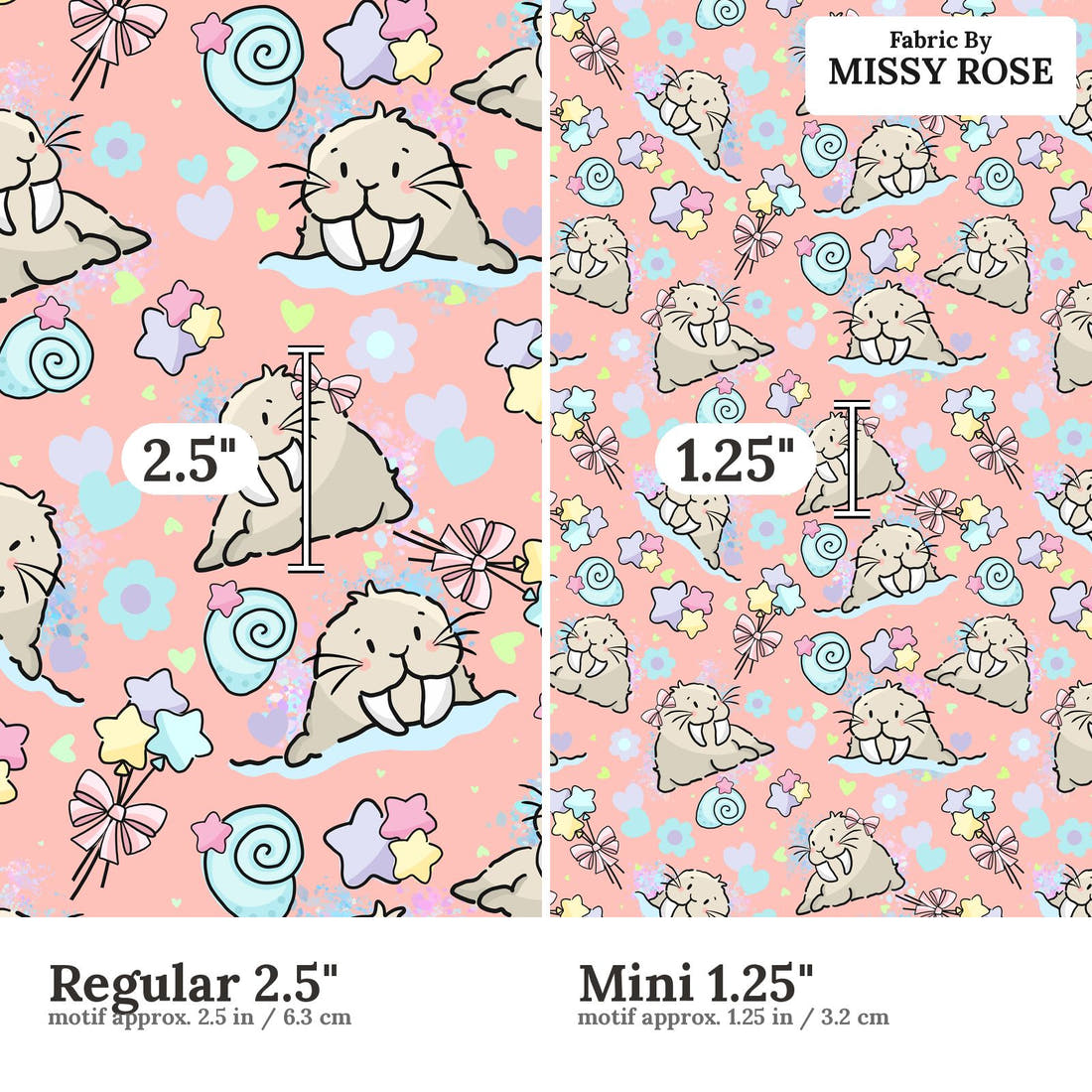 Design 876 Sea Lion Fabric size comparison - print scale | Fabric by Missy Rose
