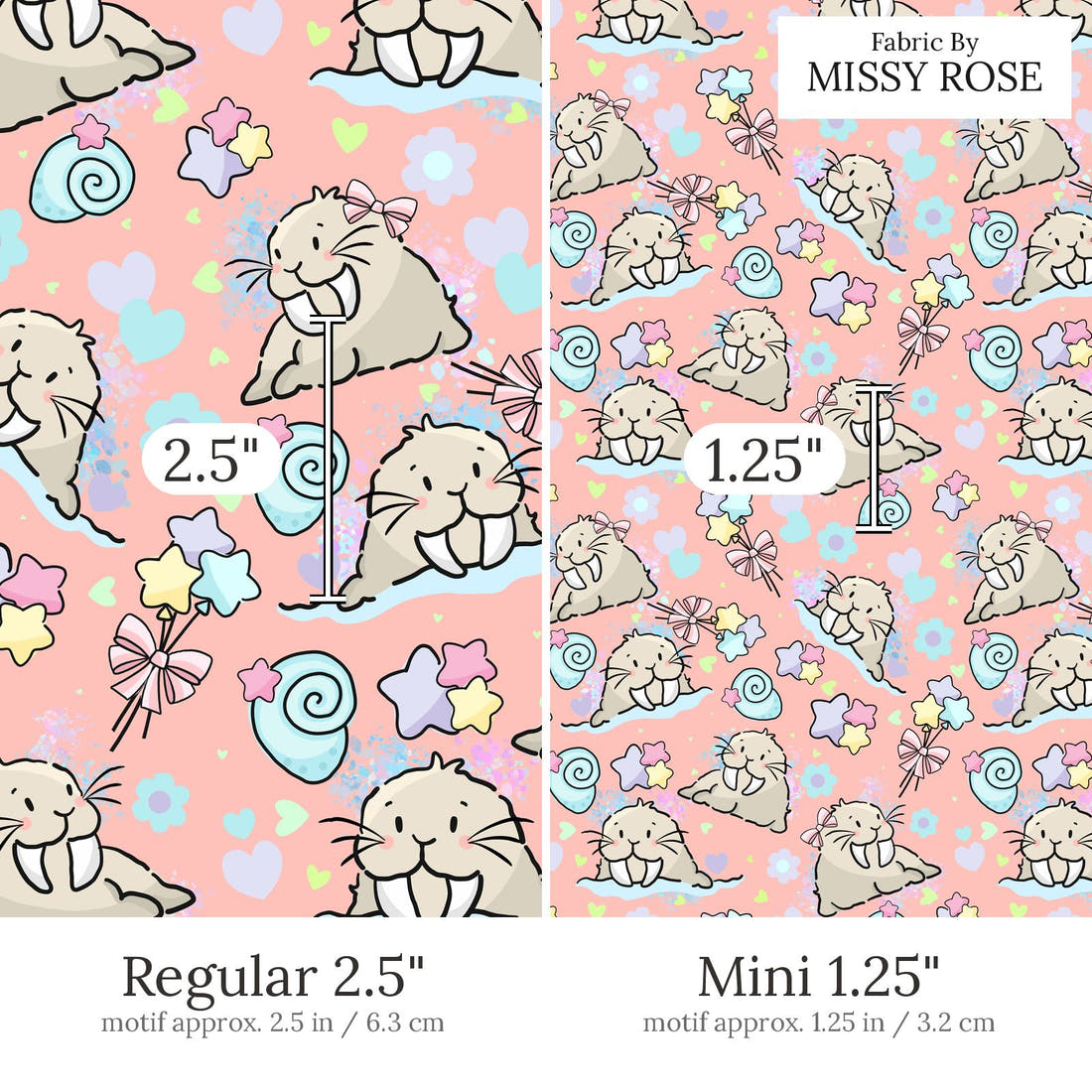 Design 876 Sea Lion Fabric Regular 2.5 inch vs Mini 1.25 inch print scale side by side | Fabric by Missy Rose