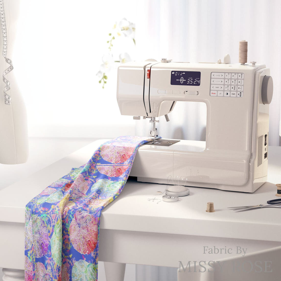 Design 877 Peacock Fabric on a sewing machine – premium fabric for sewing projects | Fabric by Missy Rose