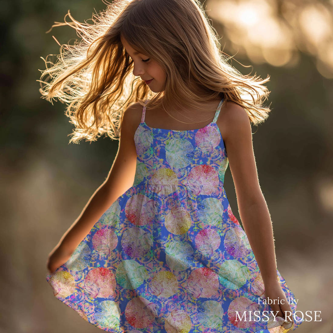 Design 877 Peacock Fabric sewn into a girls' dress – see how the print looks made up | Fabric by Missy Rose