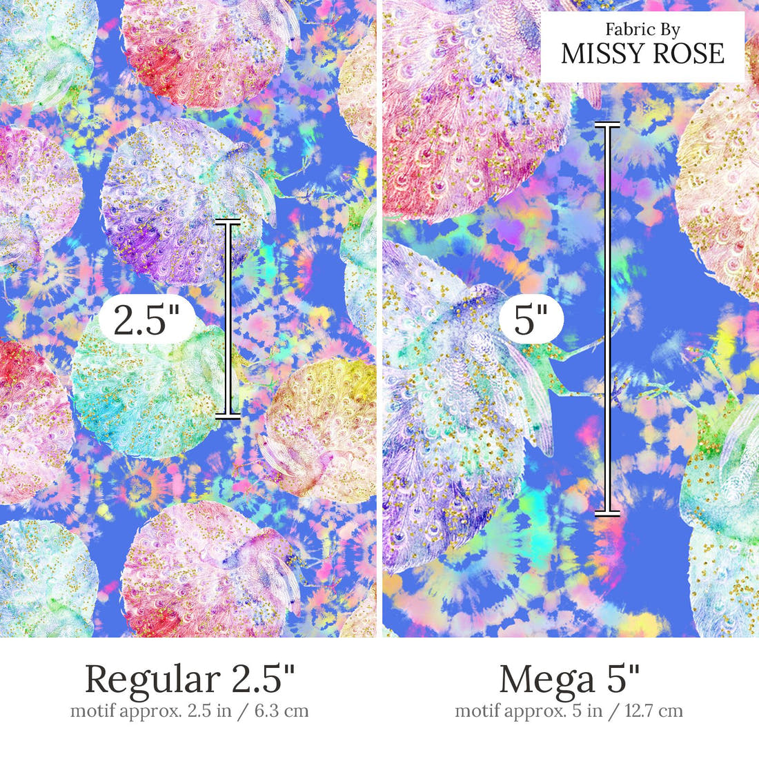Design 877 Peacock Fabric Regular 2.5 inch vs Mega 5 inch print scale side by side | Fabric by Missy Rose