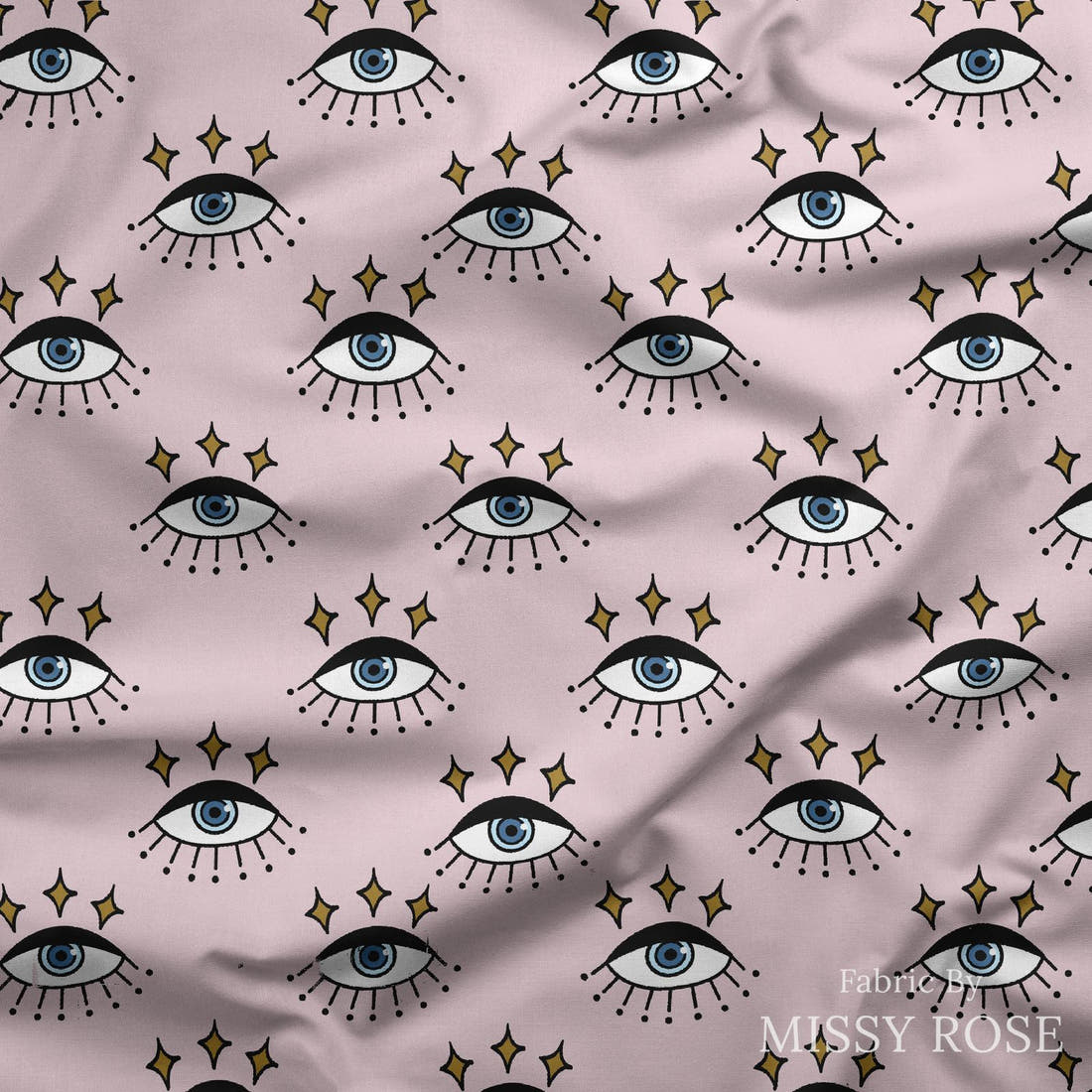 Design 878 Retro Eyes Fabric draped fabric mockup – custom printed fabric by the metre | Fabric by Missy Rose