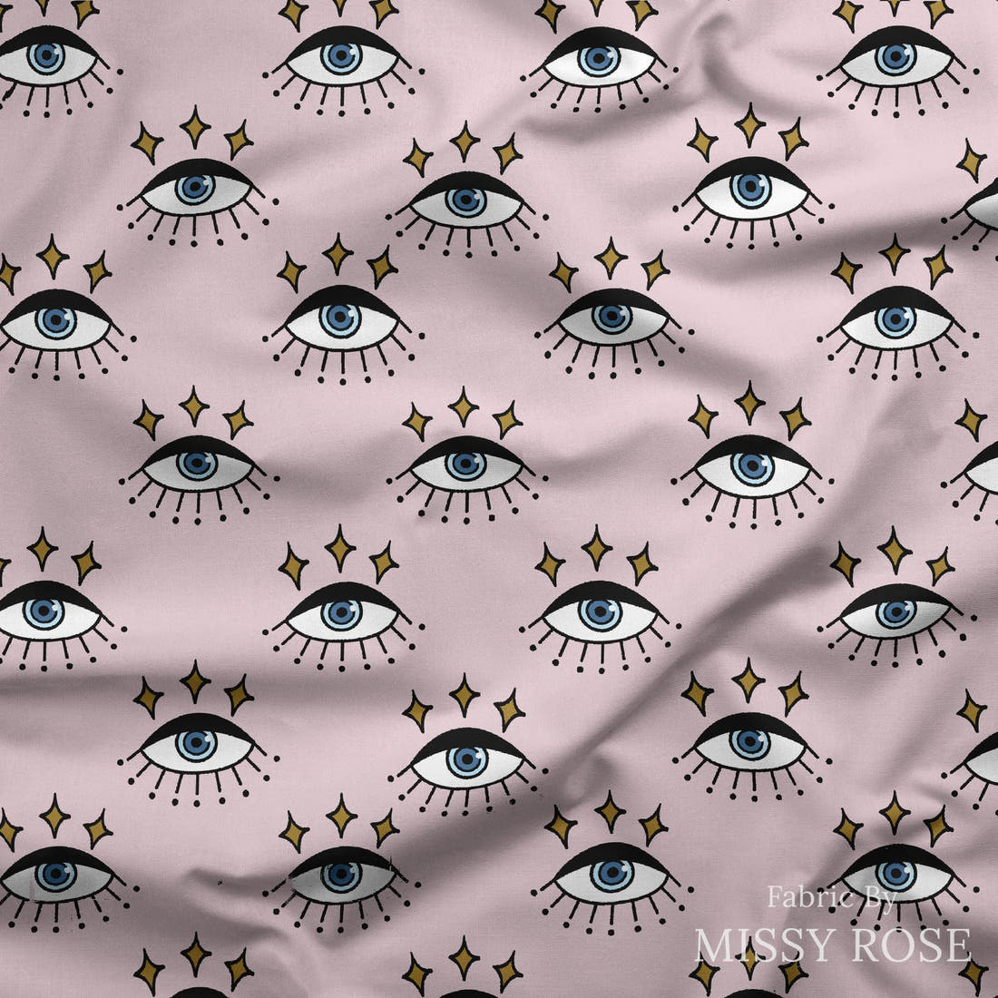Design 878 Retro Eyes Fabric draped fabric mockup – custom printed fabric by the metre | Fabric by Missy Rose