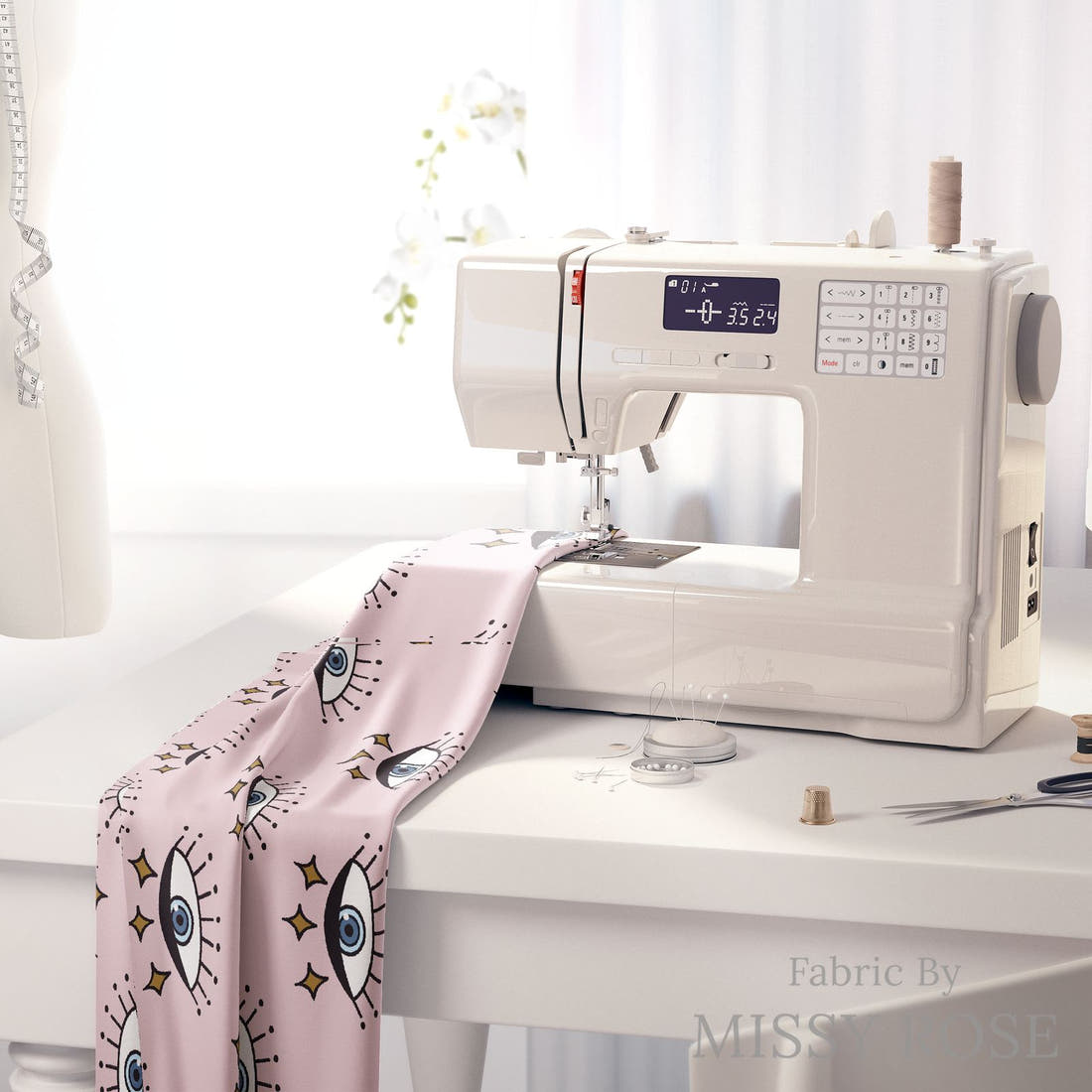 Design 878 Retro Eyes Fabric on a sewing machine – premium fabric for sewing projects | Fabric by Missy Rose