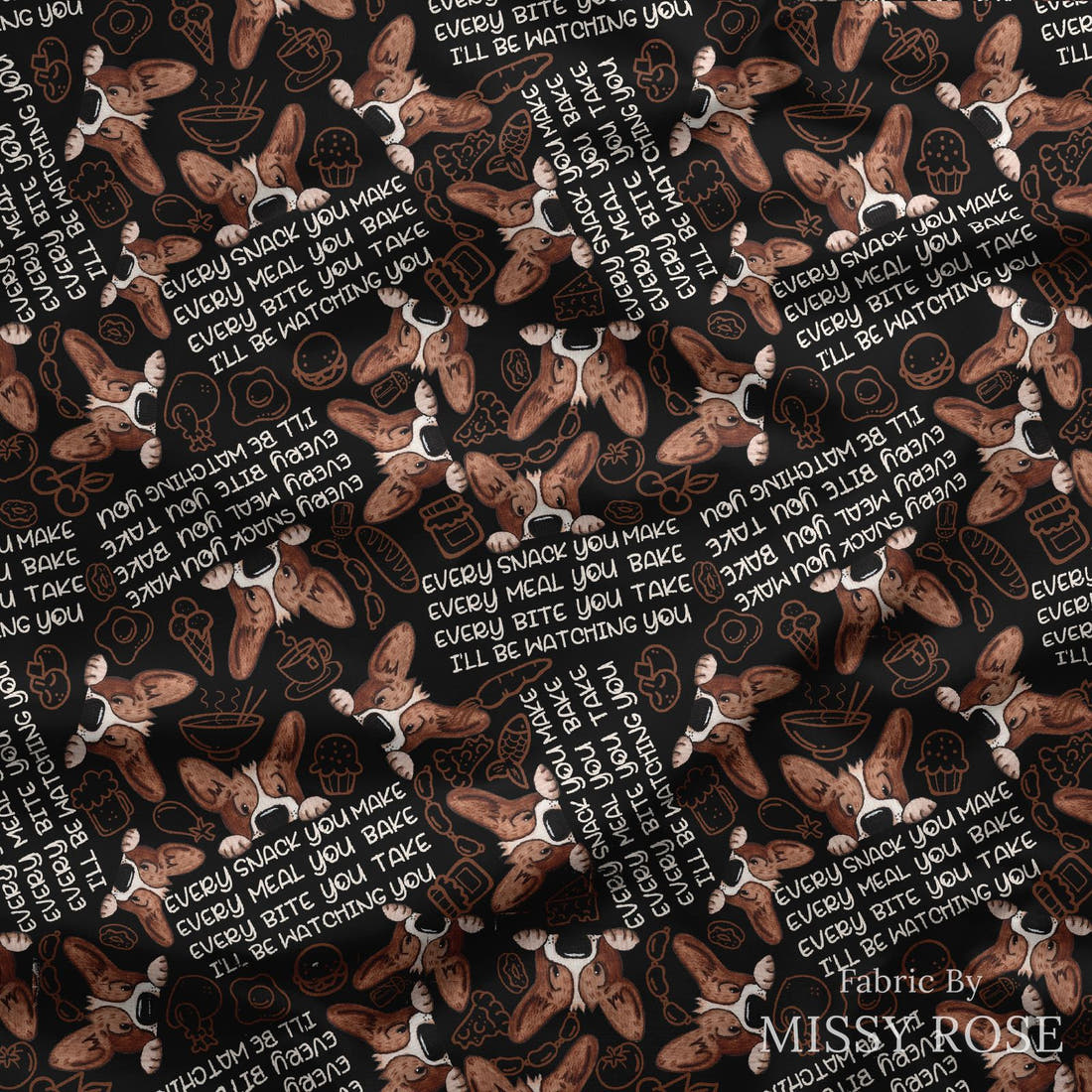 Design 879 Snack Fabric draped fabric mockup – custom printed fabric by the metre | Fabric by Missy Rose