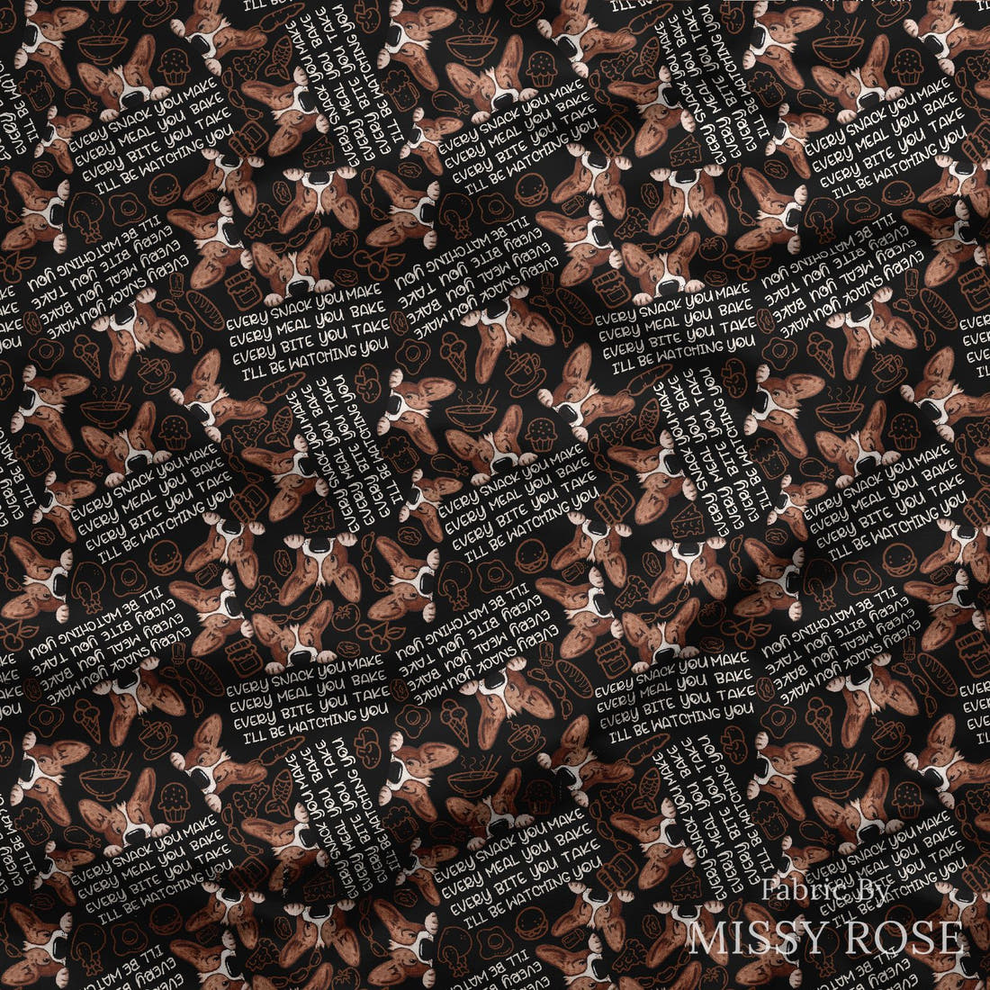 Design 879 Snack Fabric draped fabric mockup – custom printed fabric by the metre | Fabric by Missy Rose