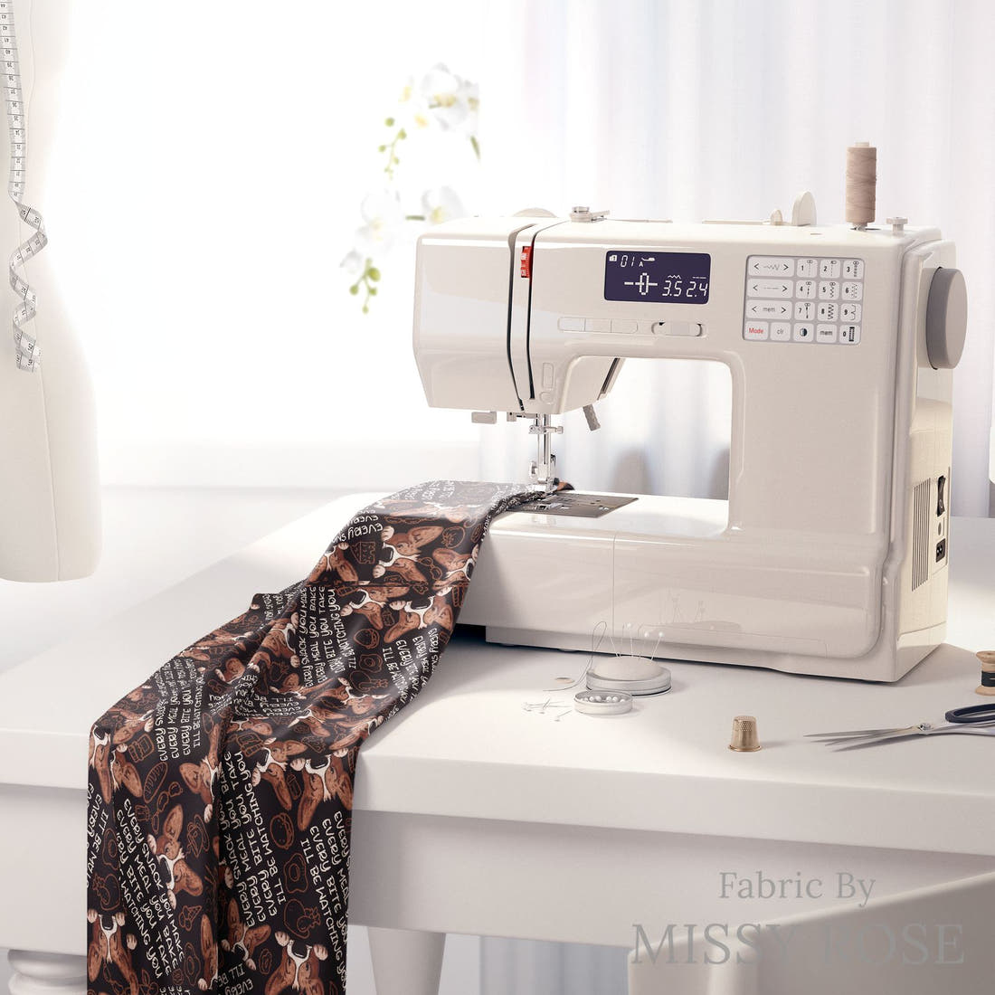 Design 879 Snack Fabric on a sewing machine – premium fabric for sewing projects | Fabric by Missy Rose