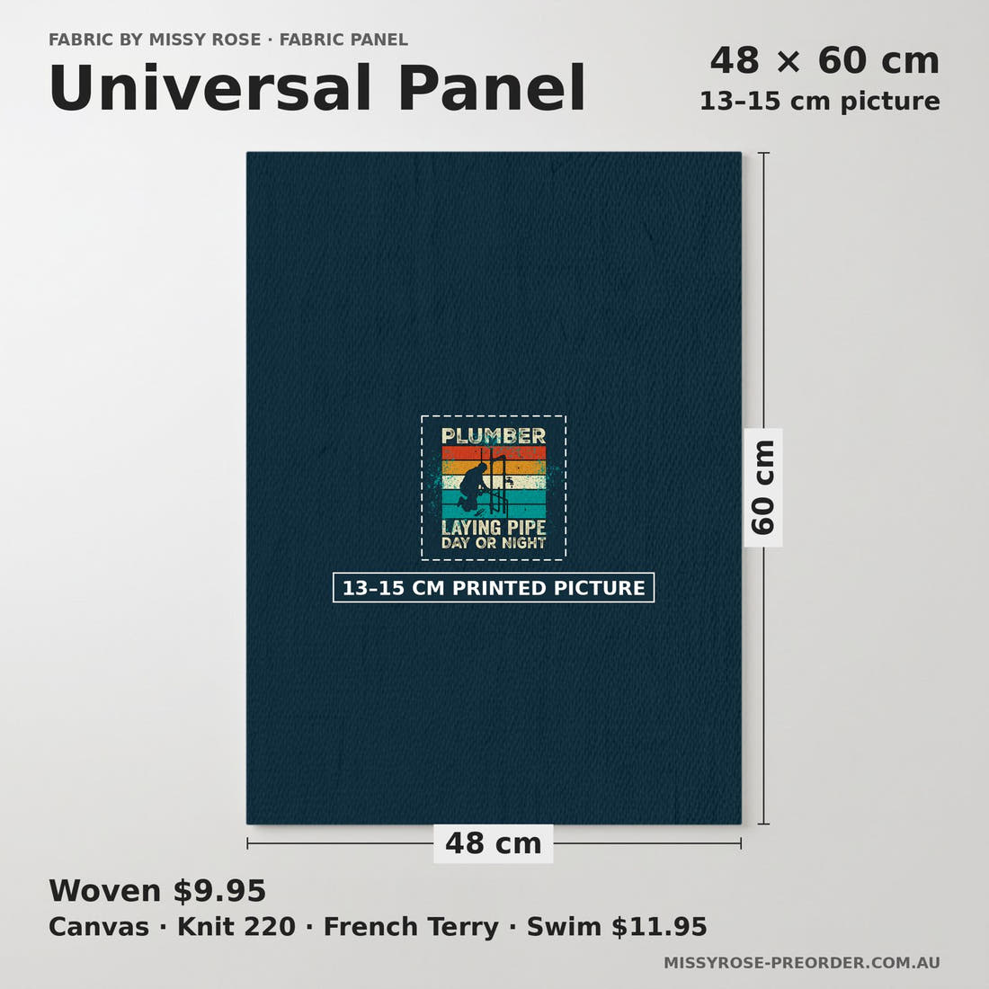 Design 88 Plumber Panel universal panel sizing – 13–15 cm printed picture on 48 × 60 cm fabric | Fabric by Missy Rose
