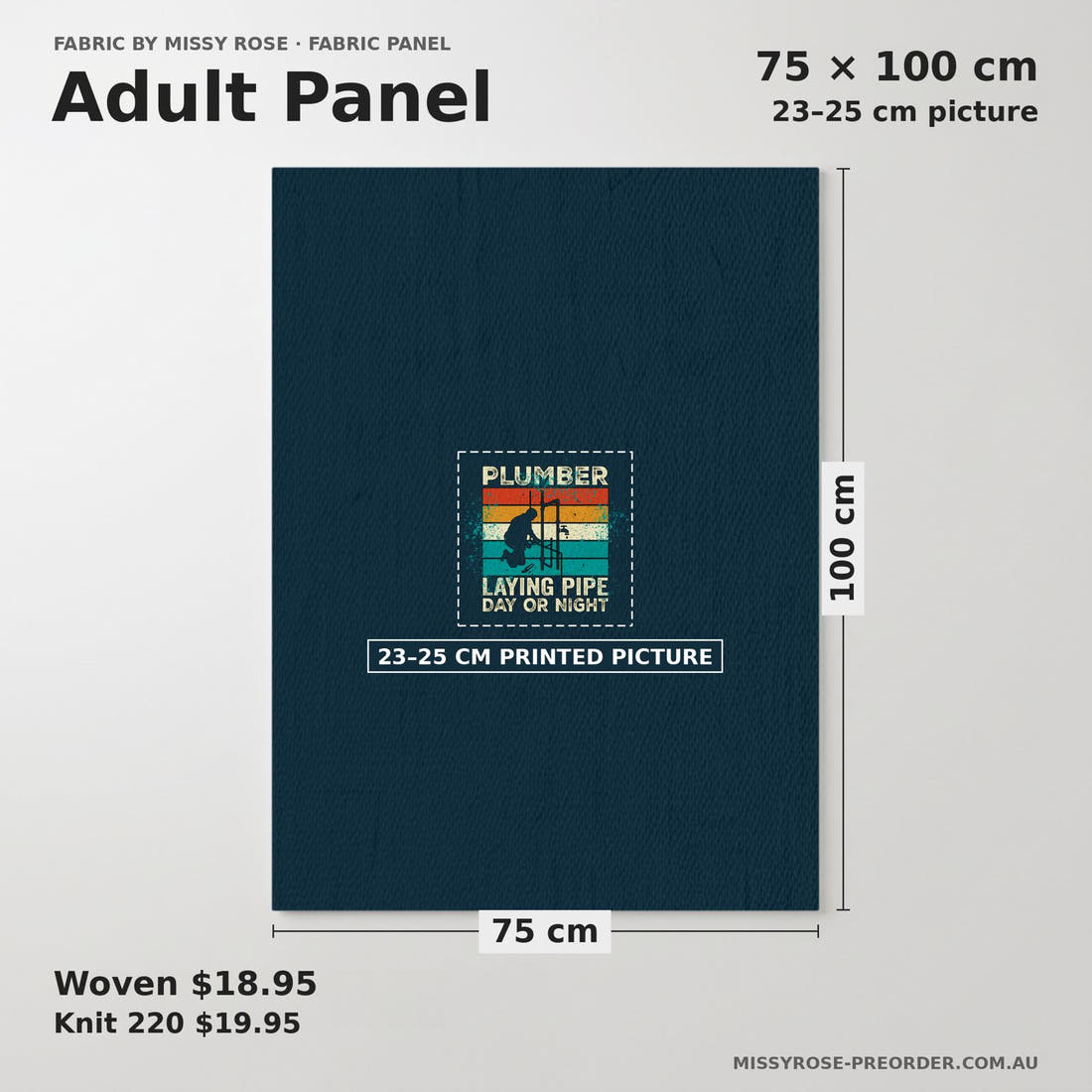 Design 88 Plumber Panel adult panel sizing – 23–25 cm printed picture on 75 × 100 cm fabric | Fabric by Missy Rose