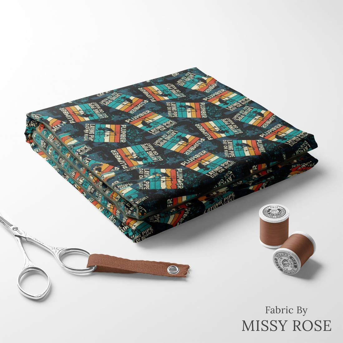 Design 88 Plumber Fabric folded fabric stack with matching thread – pre-order fabric Australia | Fabric by Missy Rose