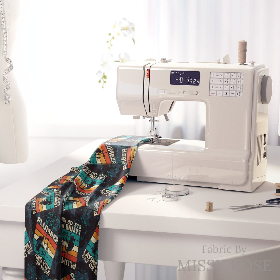 Design 88 Plumber Fabric on a sewing machine – premium fabric for sewing projects | Fabric by Missy Rose