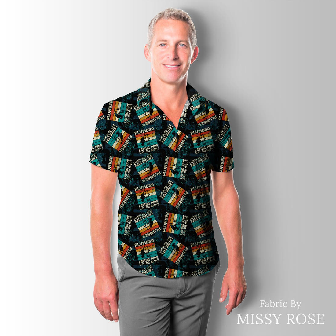 Design 88 Plumber Fabric sewn into a men's shirt – see how the print looks made up | Fabric by Missy Rose