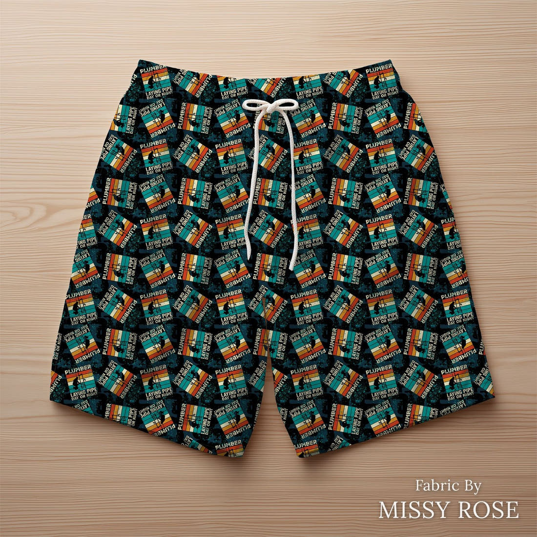 Design 88 Plumber Fabric sewn into swim shorts – see how the print looks made up | Fabric by Missy Rose