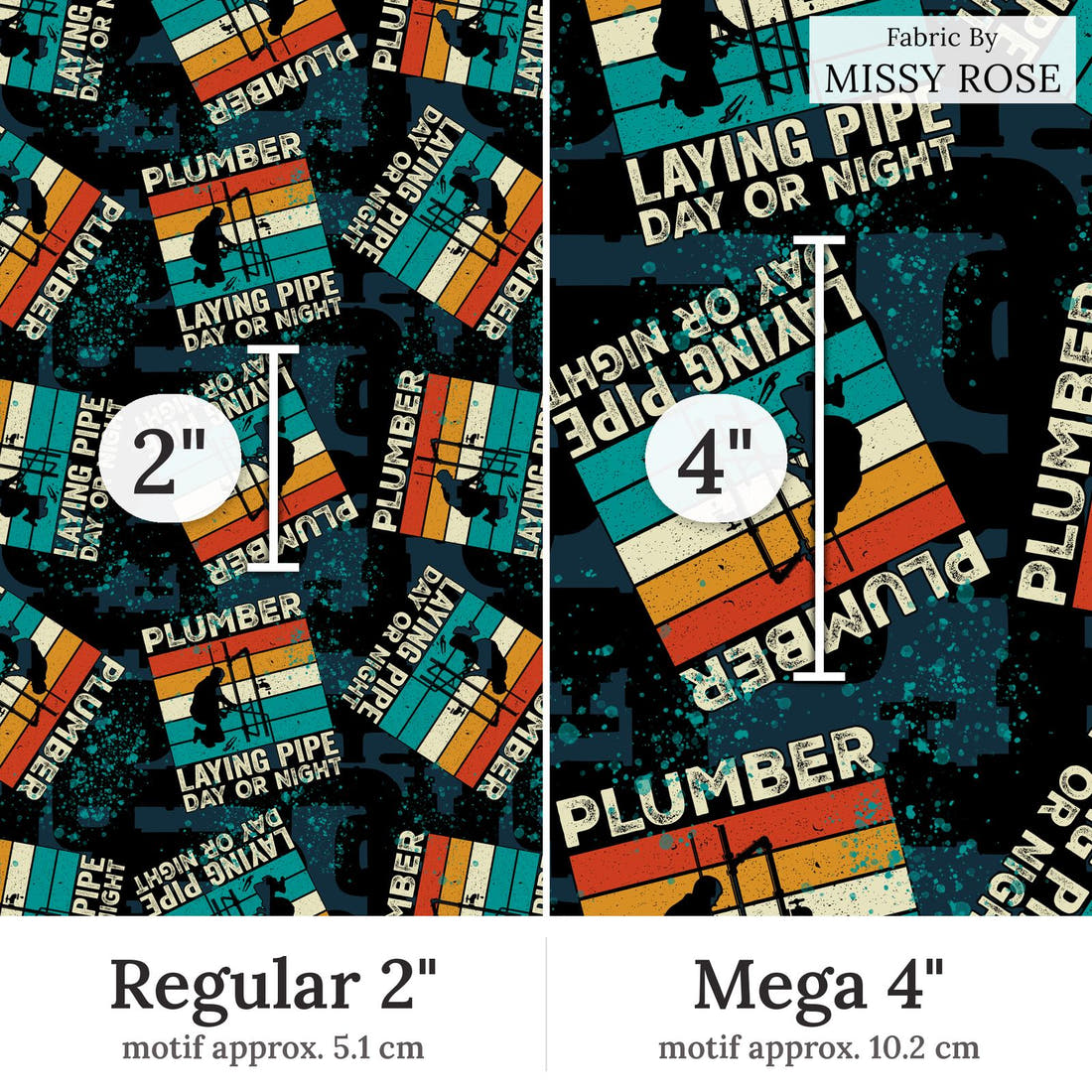 Design 88 Plumber Fabric Regular 2 inch vs Mega 4 inch print scale side by side | Fabric by Missy Rose