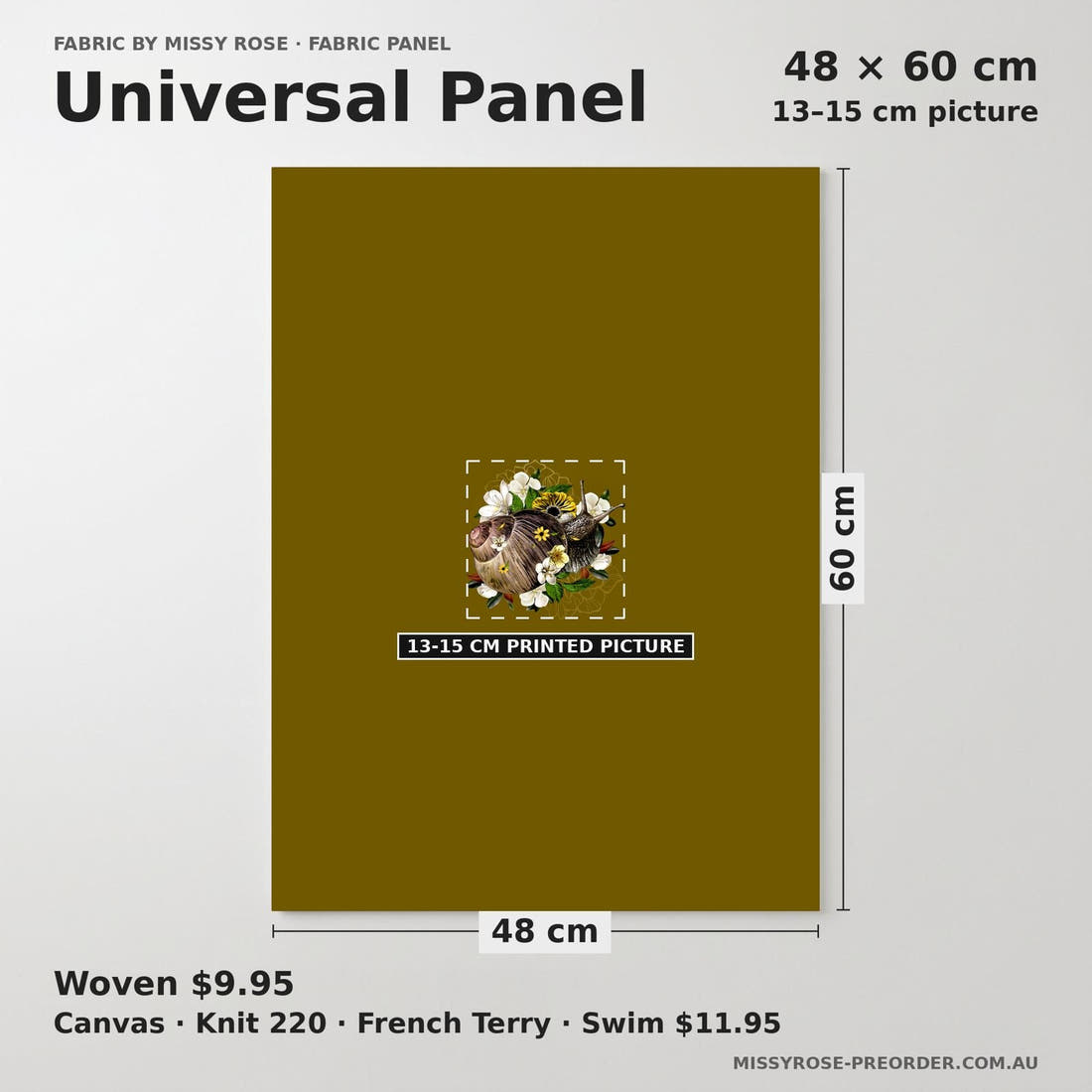Design 880 Snail Panel universal panel sizing – 13–15 cm printed picture on 48 × 60 cm fabric | Fabric by Missy Rose