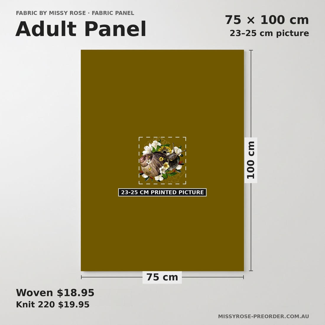 Design 880 Snail Panel adult panel sizing – 23–25 cm printed picture on 75 × 100 cm fabric | Fabric by Missy Rose
