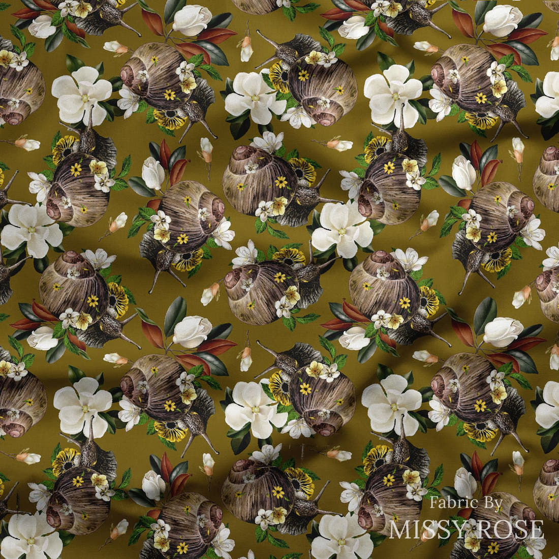 Design 880 Snail Fabric draped fabric mockup – custom printed fabric by the metre | Fabric by Missy Rose