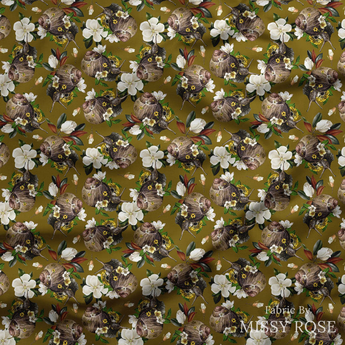 Design 880 Snail Fabric draped fabric mockup – custom printed fabric by the metre | Fabric by Missy Rose