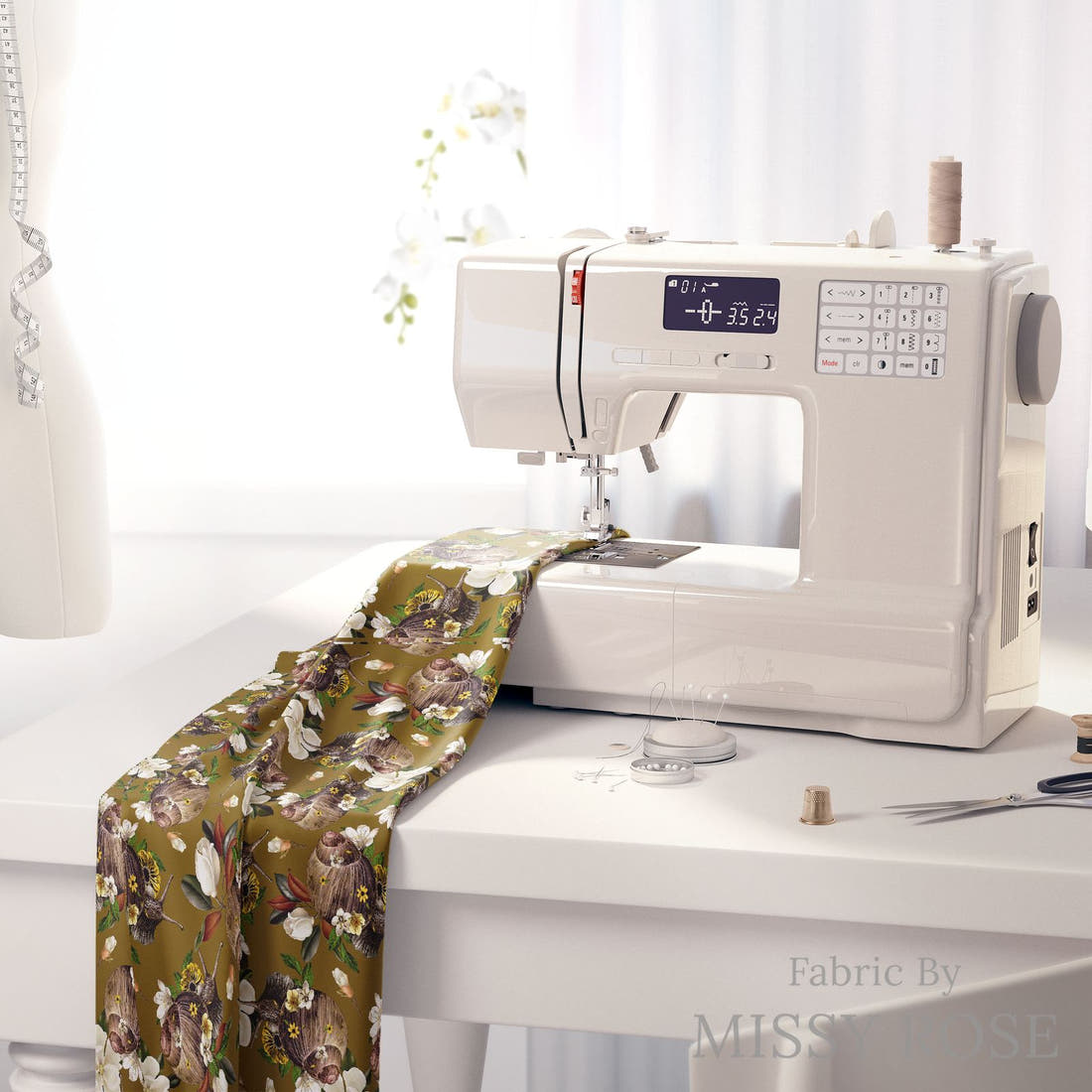 Design 880 Snail Fabric on a sewing machine – premium fabric for sewing projects | Fabric by Missy Rose