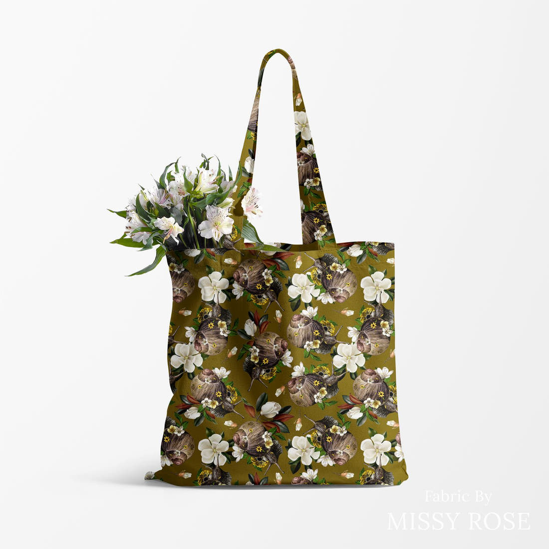 Design 880 Snail Fabric made up as a tote bag – see how the print looks made up | Fabric by Missy Rose