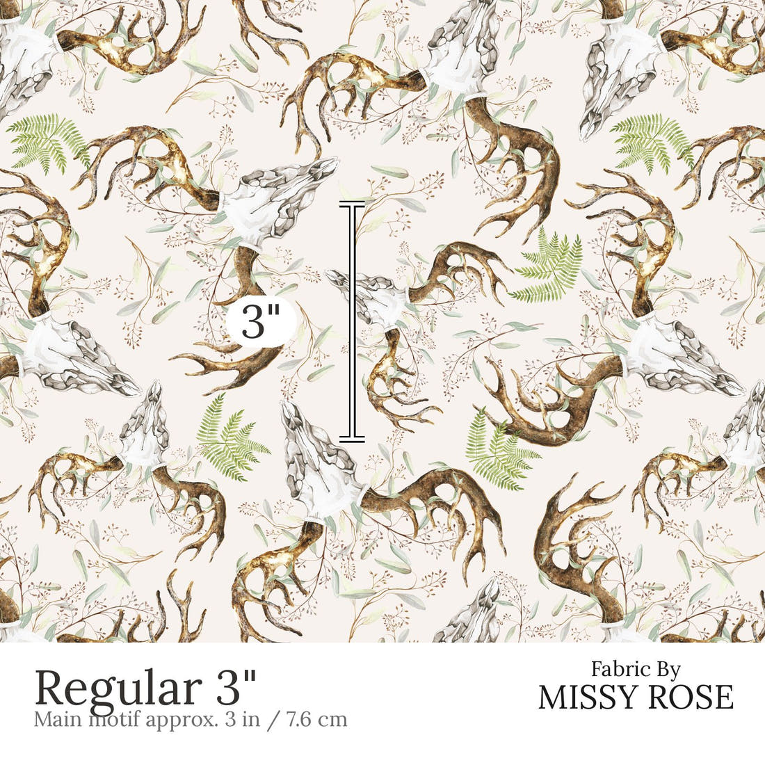 Design 881 Boho Skull Fabric Regular 3 inch print scale guide | Fabric by Missy Rose
