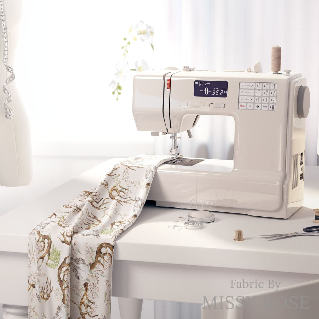 Design 881 Boho Skull Fabric on a sewing machine – premium fabric for sewing projects | Fabric by Missy Rose