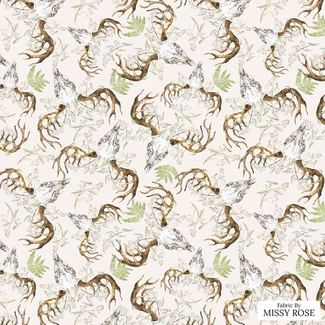 Design 881 Boho Skull Fabric - flat view of the print, zoom in for detail | Fabric by Missy Rose