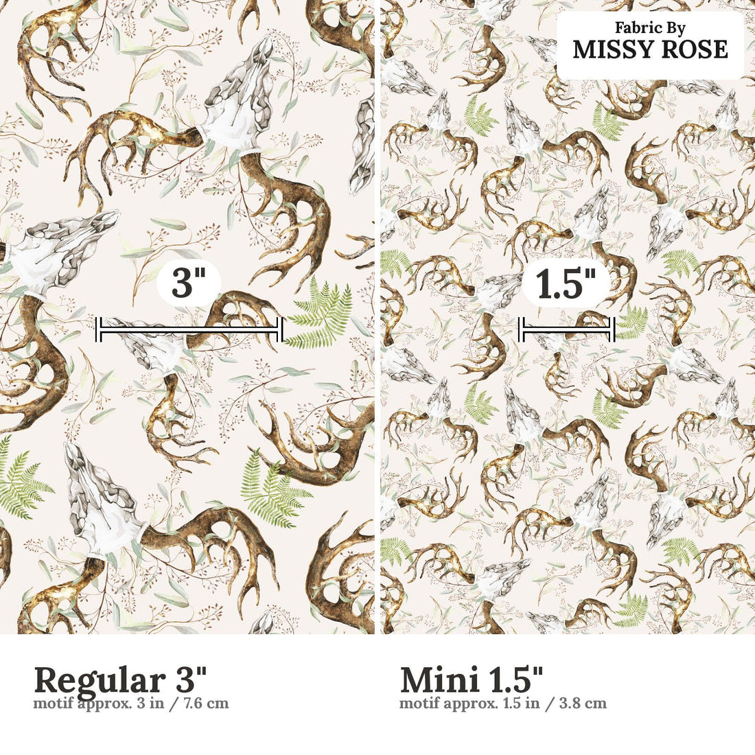 Design 881 Boho Skull Fabric size comparison - print scale | Fabric by Missy Rose