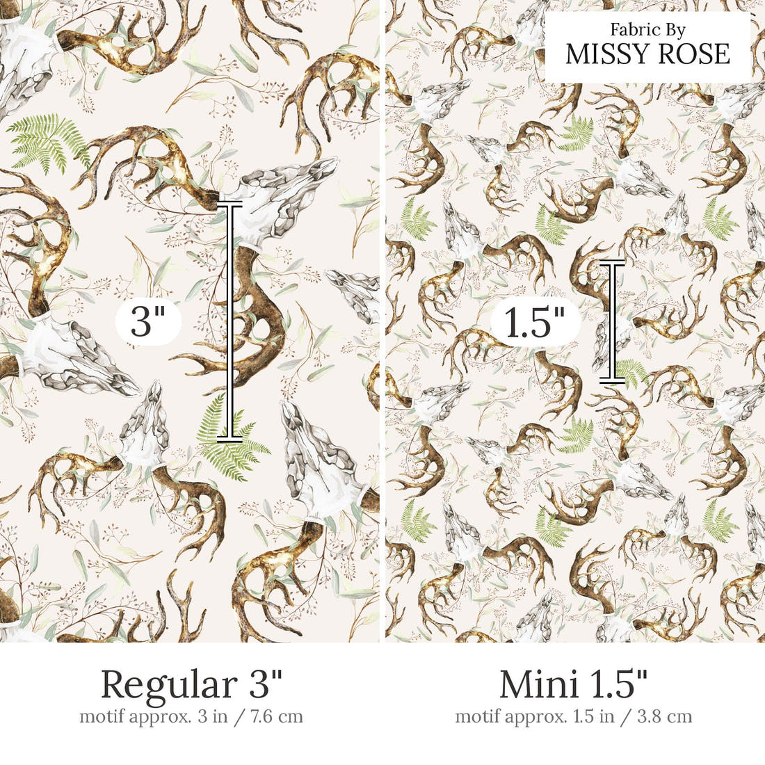 Design 881 Boho Skull Fabric Regular 3 inch vs Mini 1.5 inch print scale side by side | Fabric by Missy Rose