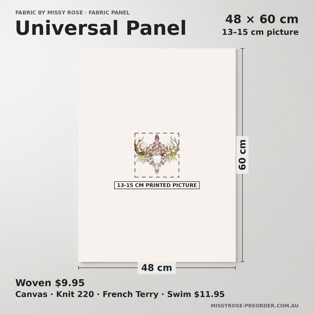 Design 881 Boho Skull Panel universal panel sizing – 13–15 cm printed picture on 48 × 60 cm fabric | Fabric by Missy Rose