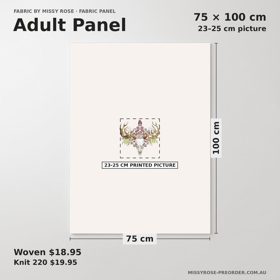 Design 881 Boho Skull Panel adult panel sizing – 23–25 cm printed picture on 75 × 100 cm fabric | Fabric by Missy Rose