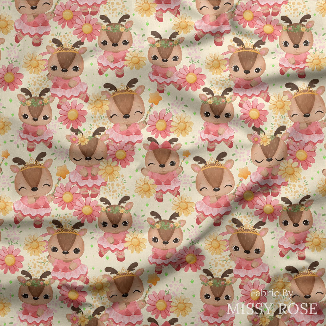 Design 882 Ballerina Deer Fabric draped fabric mockup – custom printed fabric by the metre | Fabric by Missy Rose