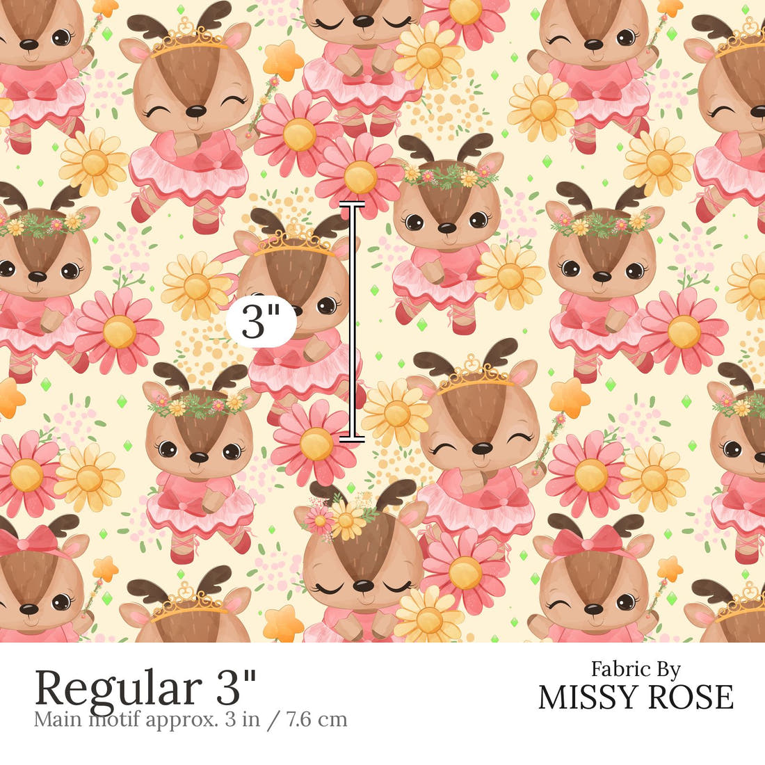 Design 882 Ballerina Deer Fabric Regular 3 inch print scale guide | Fabric by Missy Rose
