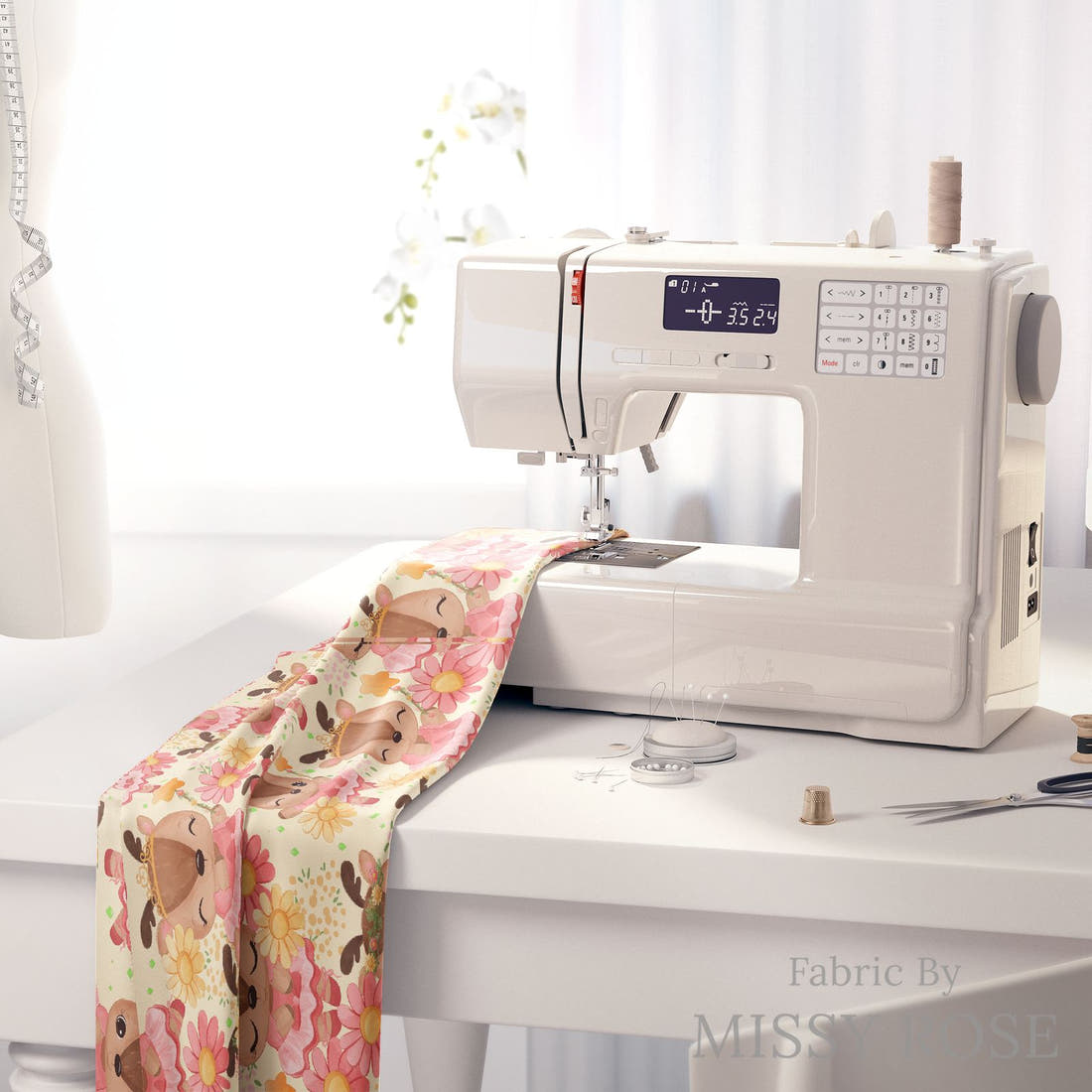 Design 882 Ballerina Deer Fabric on a sewing machine – premium fabric for sewing projects | Fabric by Missy Rose