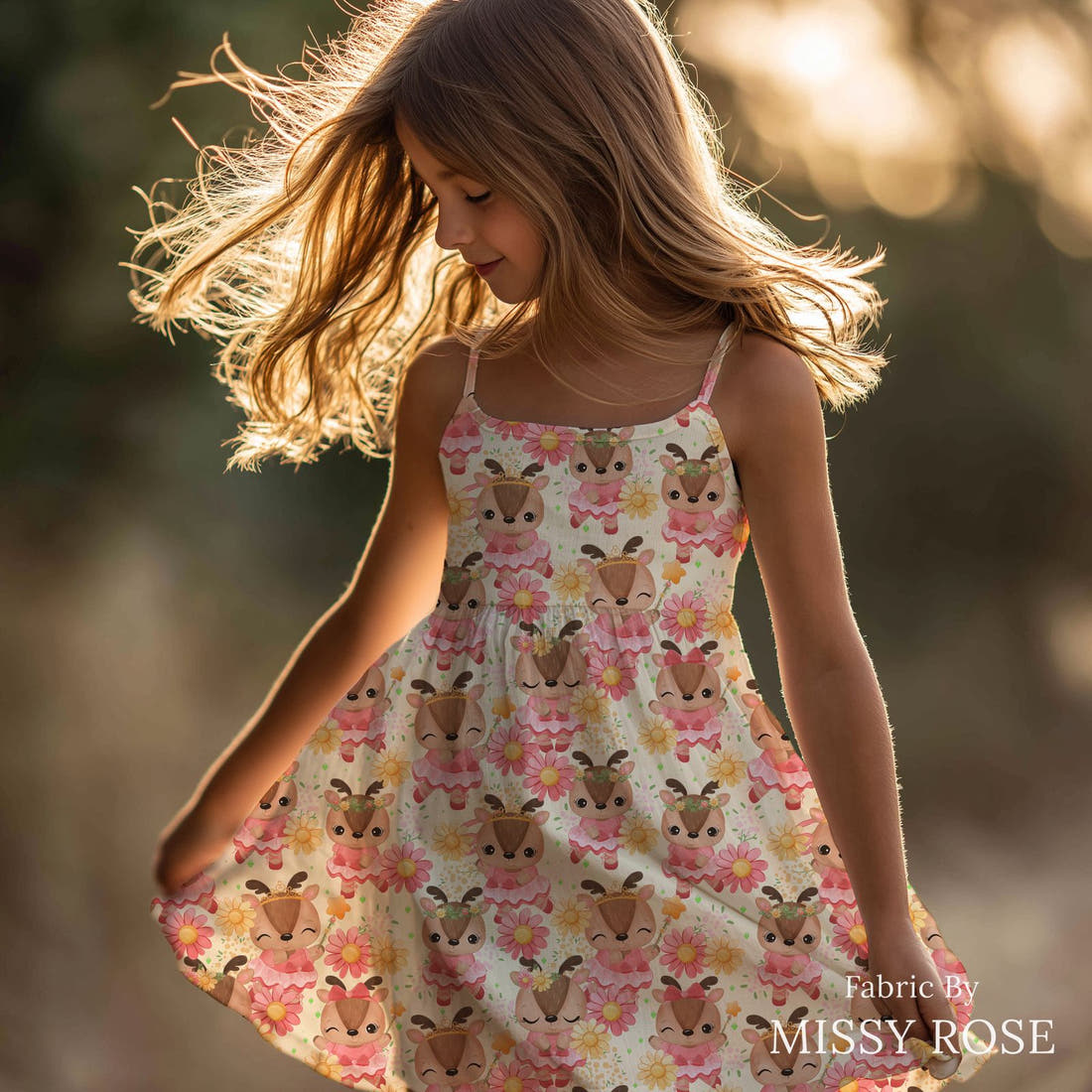 Design 882 Ballerina Deer Fabric sewn into a girls' dress – see how the print looks made up | Fabric by Missy Rose